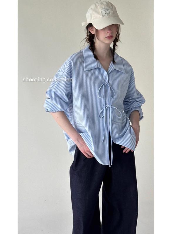 シャツ レディース 亜麻 リネン混紡 ゆったりめ 通気性 ドロップショルダー リボン ブルー系 ホワイト 白 春夏 カジュアル