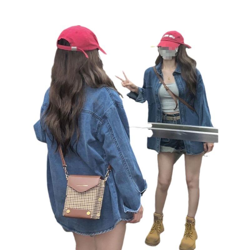 シャツ レディース デニム ジャケット 韓国風 ゆったり コットン ブルー ポケット付き ドロップショルダー トップス 中長丈 普段使い 通勤用