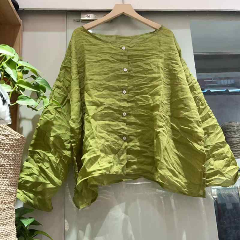 シャツ レディース 長袖 丸首 チュニック丈 リネン 麻 草グリーン 酒红色 白 黒 ピンク系 花柄 ゆったり 文芸風 レトロ 手縫い 快適 普段使い