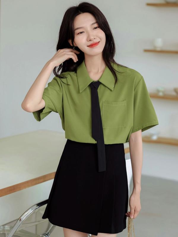シャツ レディース 半袖 ゆったり トップス 学院風 デザイン性がある アシンメトリー POLO襟 ブラウス 涼しい かわいい 無地 快適 普段使い