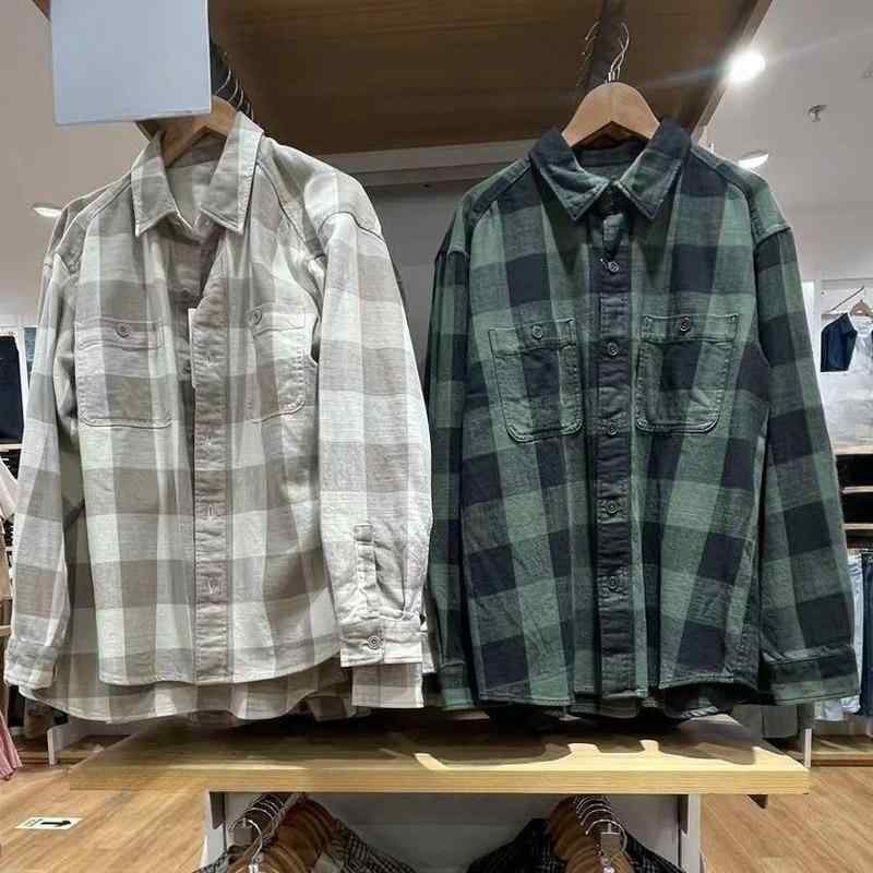 シャツ メンズ 男性用 レディース 竹節 コットン 格子柄 長袖 ルーズ ドロップショルダー トップス 日..