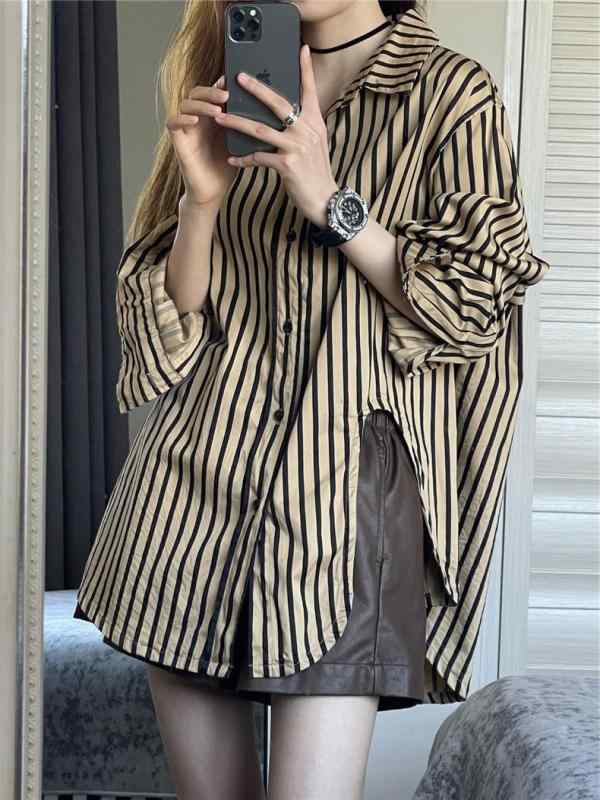 シャツ レディース ストライプ柄 ゆったり トップス ブラウス デザイン性 秋 春 ポリエステル ポロ襟 ..