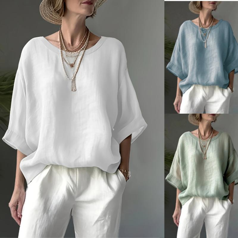 シャツ レディース チュニック 麻混 トップス ラウンドネック ドロップショルダー ゆったり 体型カバー マカロンカラー 文艺復古風 民族風 普段使い