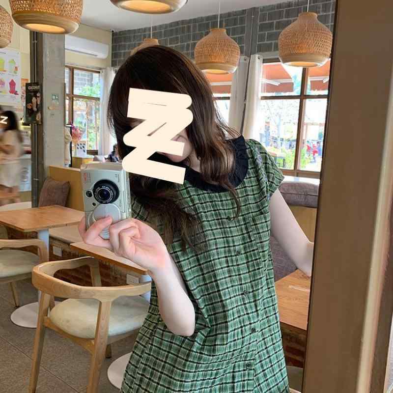 シャツ レディース ノースリーブ トップス 格子柄 コットン 夏 緑 グリーン 斜めがけデザイン オフィスカジュアル きれいめ