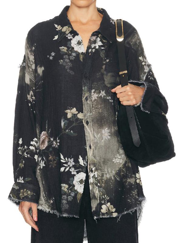 シャツ レディース 春秋 長袖 コットン 花柄 レトロ 文芸風 配色 襟付き ドロップショルダー ゆったり トップス