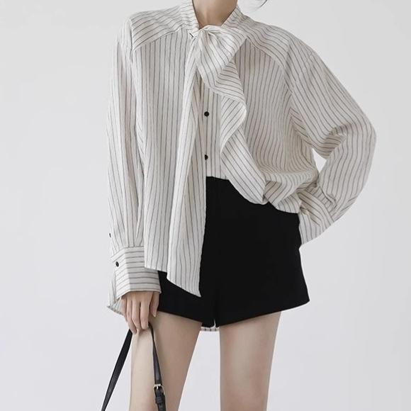 シャツ レディース 長袖 ストライプ スタンドカラー 襟リボン トップス ゆったり ポリエステル ホワイト 春