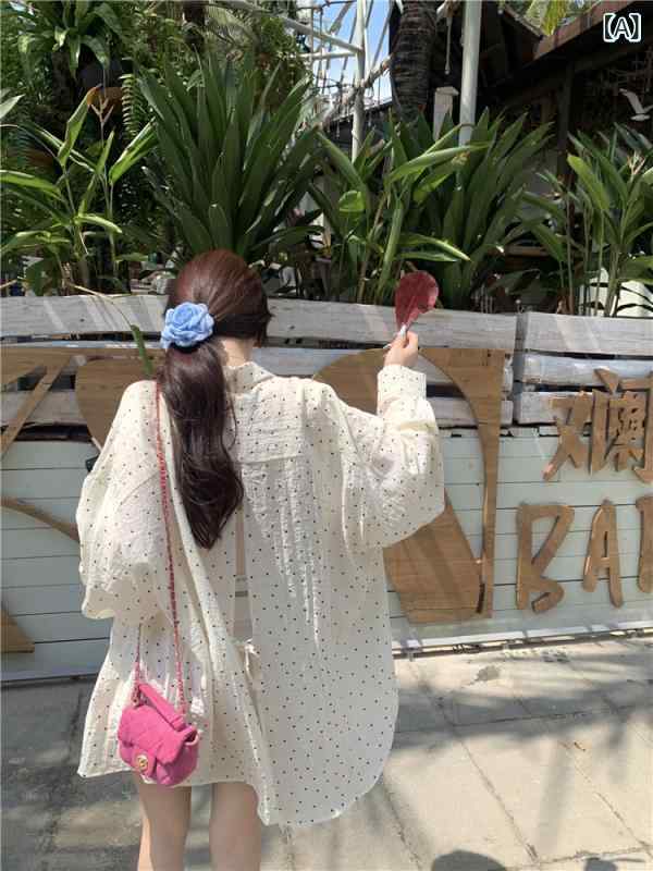 シャツ レディース 韓国風 ドット柄 ブラウス 接触冷感 7分袖 ゆったり かわいい ...