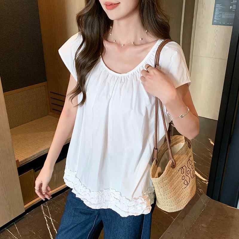 シャツ レディース 半袖 ラウンドネック コットン100％ 裾フリル 切り替え 落ち感のある肩のライン ゆったり かわいい トップス ブラウス 春夏 ホワイト ライトブルー ダークブルー