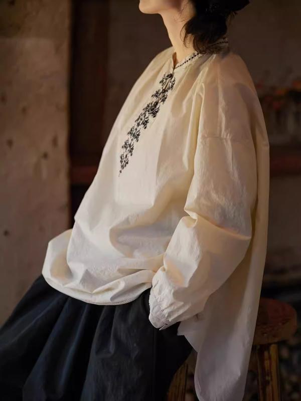 シャツ レディース 長袖 コットン 刺繍 Uネック ゆったり 通勤 接触冷感 秋冬