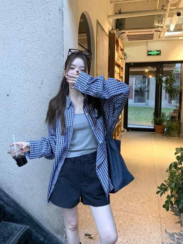 シャツ レディース ブルー 格子柄 コットン 接触冷感 UVカット 紫外線対策 ゆった...
