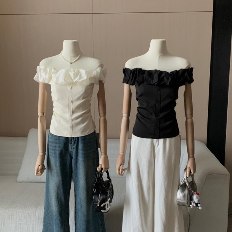 シャツ レディース 半袖 一字領 トップス ポリエステル 無地 米杏色 ドロップショルダー フリル 日韓スタイル