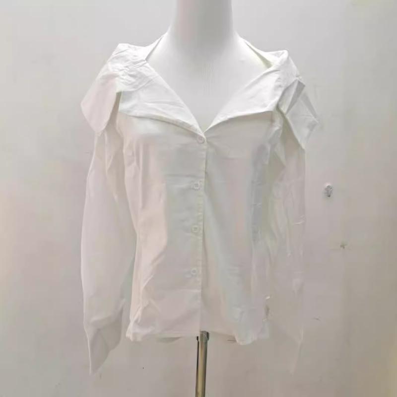 シャツ レディース 法式 一字襟 オフショルダー デザイン 白色 トップス 長袖 アクリル 接触冷感 2024 ..