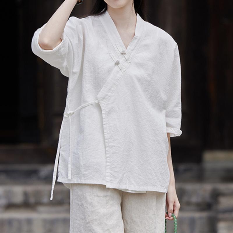 シャツ レディース 綿麻 Vネック 五分袖 ブラウス リネン混 トップス 切り替え 文芸復古風 ゆったり 快適 普段使い 部屋着 白 べージュ