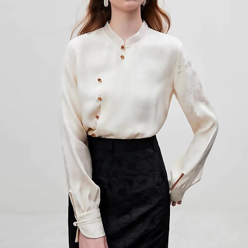 シャツ レディース 新中国スタイル 馬面スカート トップス デザイン 国風 ブラウス ドロップショルダー 長袖 杏色 S M L XL 气质 通勤 アセテート