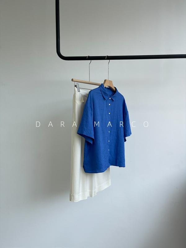 シャツ レディース リネン ドロップショルダー 半袖 襟付き トップス 亜麻 無地 ボタン 酵磨漂 通勤 オフィス カジュアル かわいい ブルー系