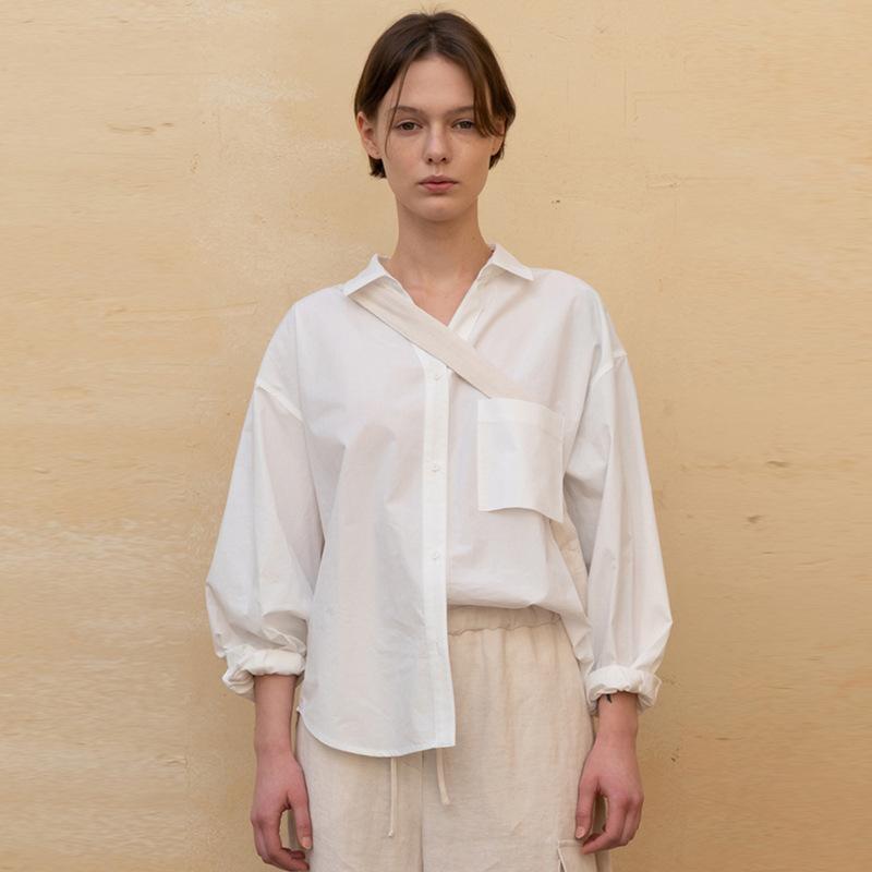 シャツ レディース Vネック コットン ルーズフィット ドロップショルダー トップス 長袖 通勤 オフィス..