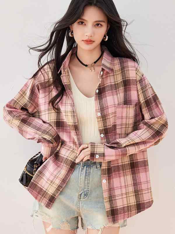 其它 - シャツ レディース 長袖 トップス ブラウス ゆったり ネルシャツ ピンク系 格子柄 ドロップショルダー カジュアル 韓国風