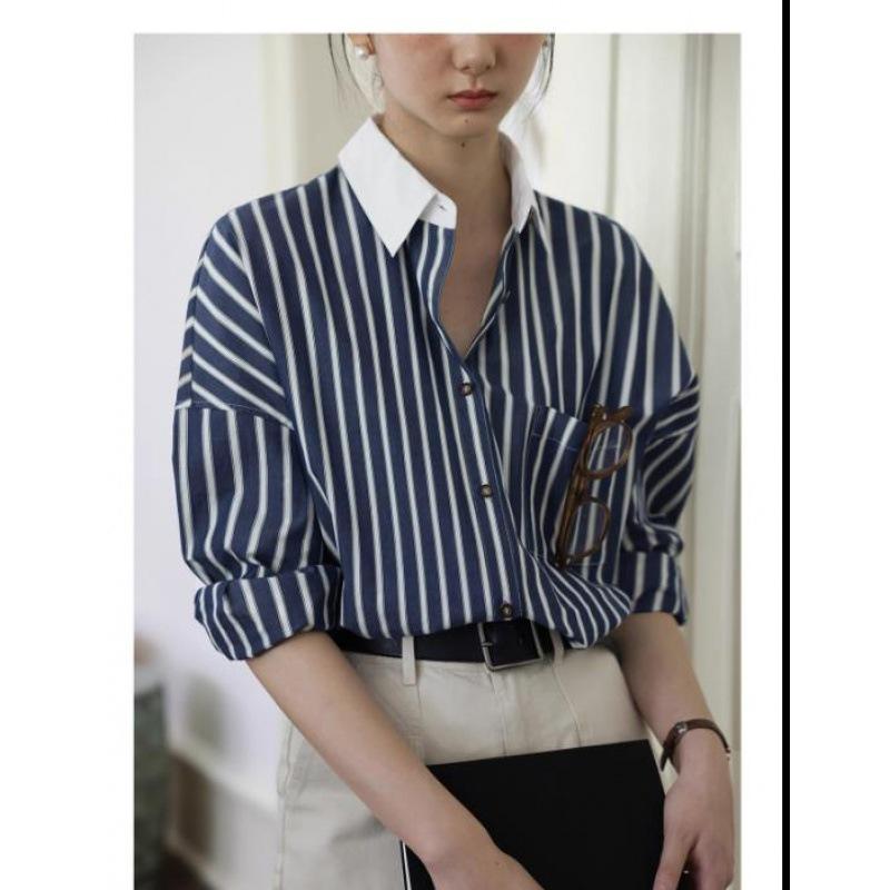 シャツ レディース 高密度コットン ストライプ 切り替え 長袖 POLO襟 普段使い デイリー カジュアル ゆったり 桜色 ピンク系 デニムカラー 春 秋