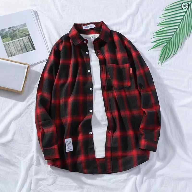 シャツ メンズ 男性用 長袖 格子柄 ドロップショルダー ルーズフィット カジュアル トップス ポリエス..