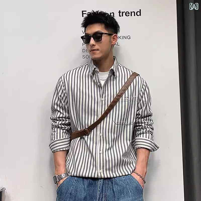 シャツ メンズ 長袖 ストライプ リラックスフィット ドロップショルダー ゆったり ポリエステル 洗濯機洗い可能 普段使い 春秋 ブルー系 ブラック系