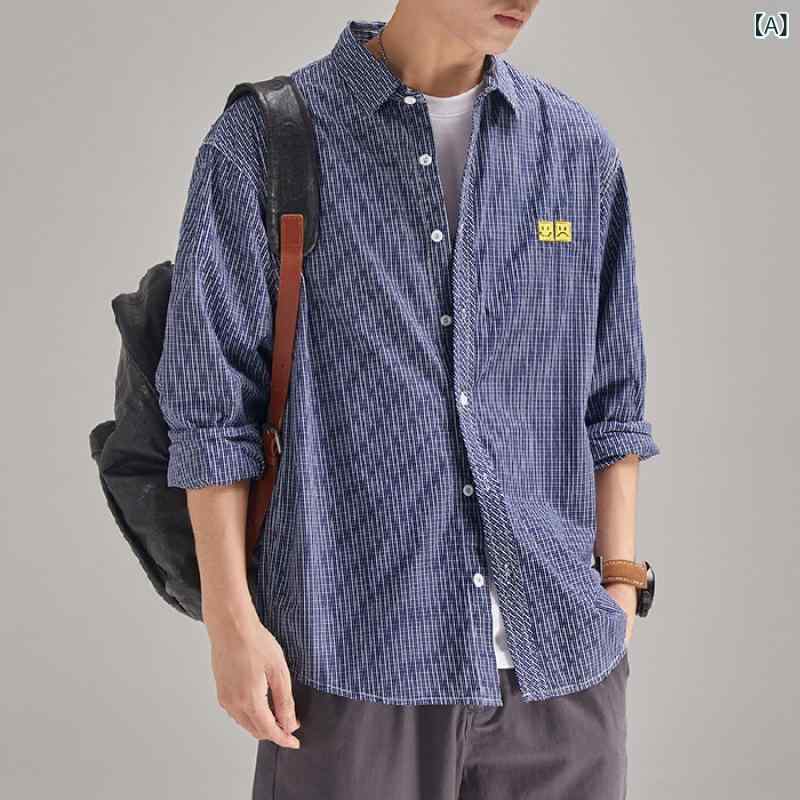 シャツ メンズ 男性用 トップス 長袖 秋冬 刺繡 カジュアル ゆったり ルーズ ドロップショルダー