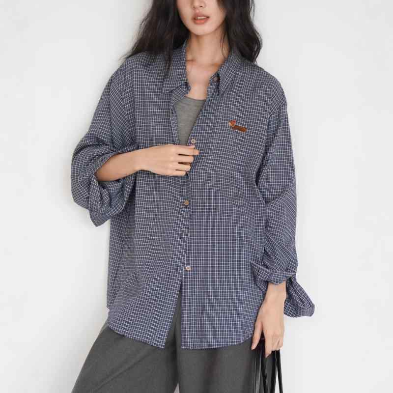 シャツ レディース 格子柄 トップス 長袖 ルーズフィット カジュアル ドロップショルダー ブルー
