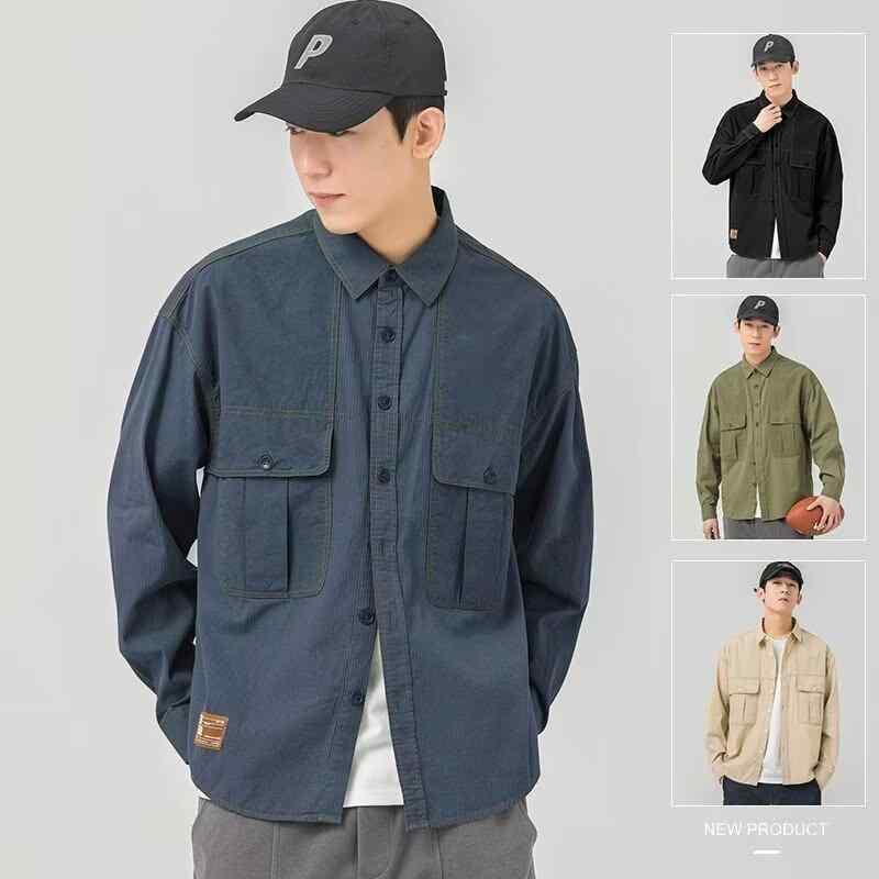シャツ 男性用 長袖 コットン ルーズ ワークシャツ ブルゾン トップス 羽織り ポケット 普段使い アウ..