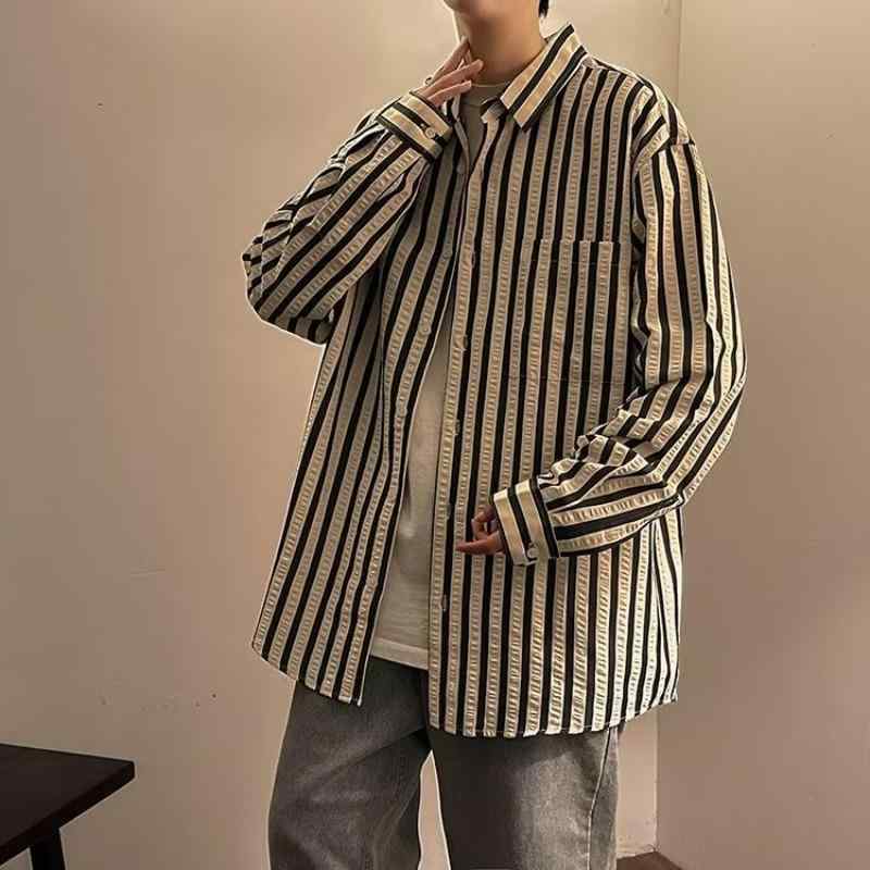 シャツ メンズ 男性用 ストライプ ドロップショルダー ルーズ リラックス イージーケア ポリエステル混..