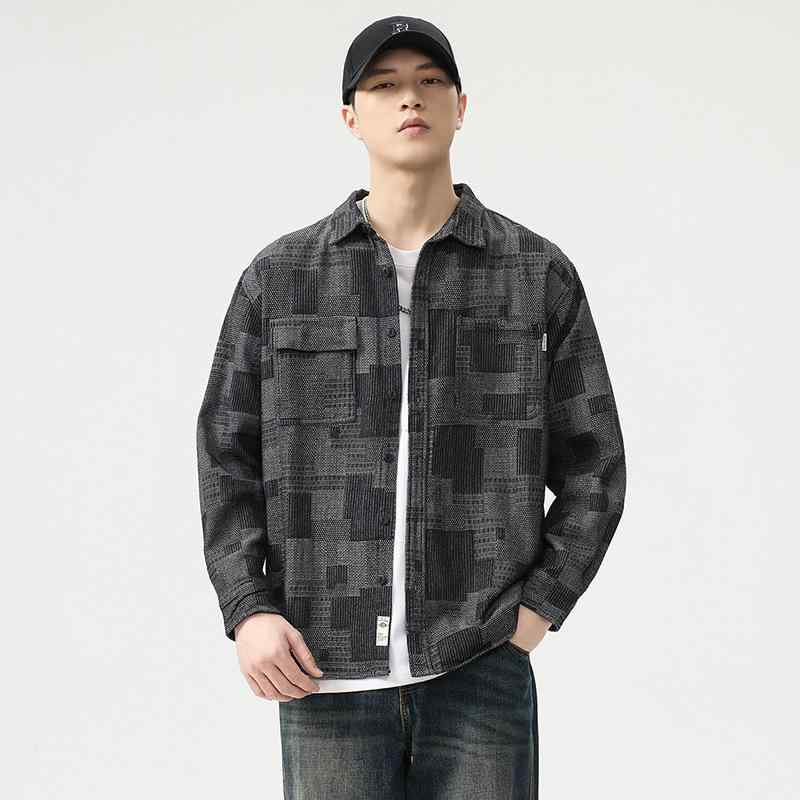 シャツ 男性用 デニムシャツ ウォッシュ加工 コットン混紡 長袖 ルーズ ドロップショルダー ブルー ブ..