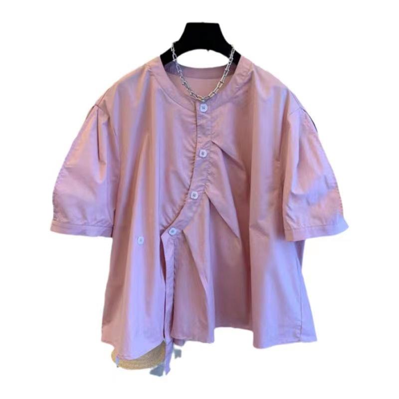 シャツ レディース 半袖 パフスリーブ ラウンドネック コットン ゆったり トップス ブラウス スリット..