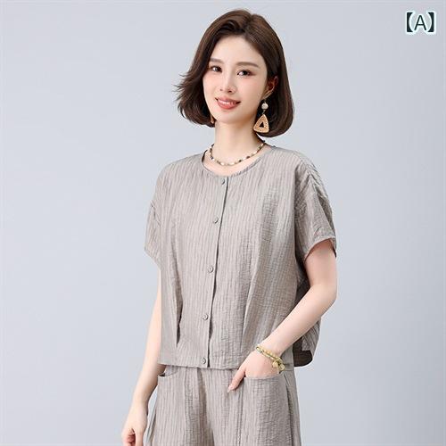 シャツ レディース 春夏 ストライプ柄 提花 リネンブレンド ゆったり ラウンドネック トップス カジュ..