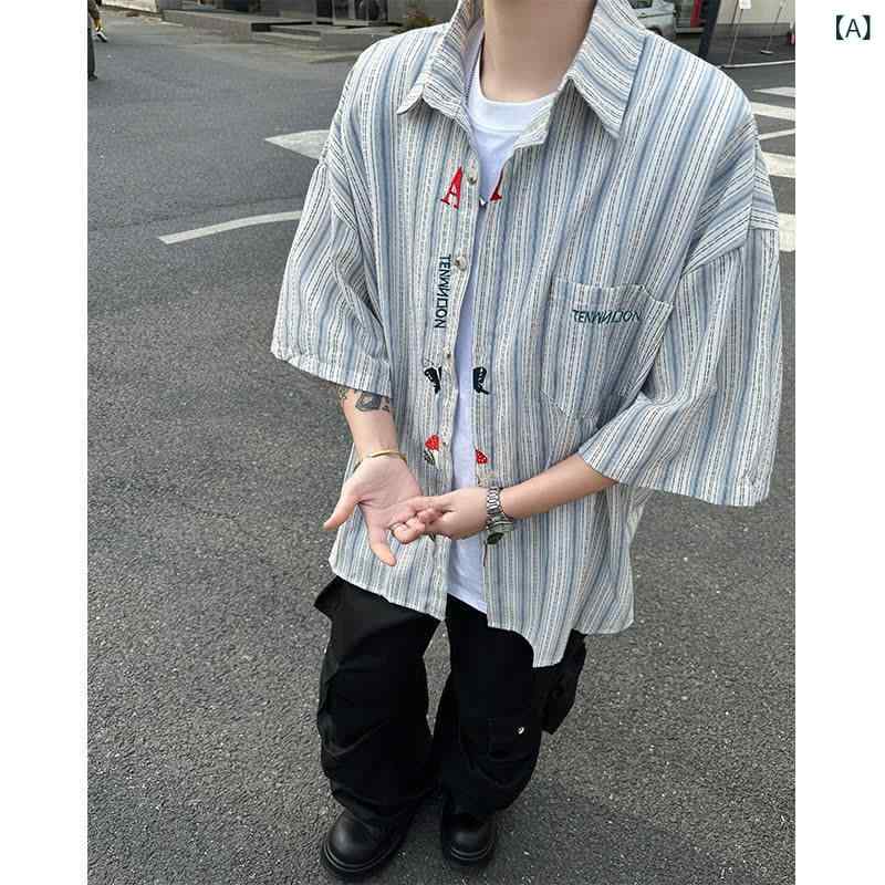 シャツ 男女兼用 ストライプ 刺繍 半袖 トップス 春秋 韓国風 高級感 襟付き ルーズ カジュアル 青色 ..