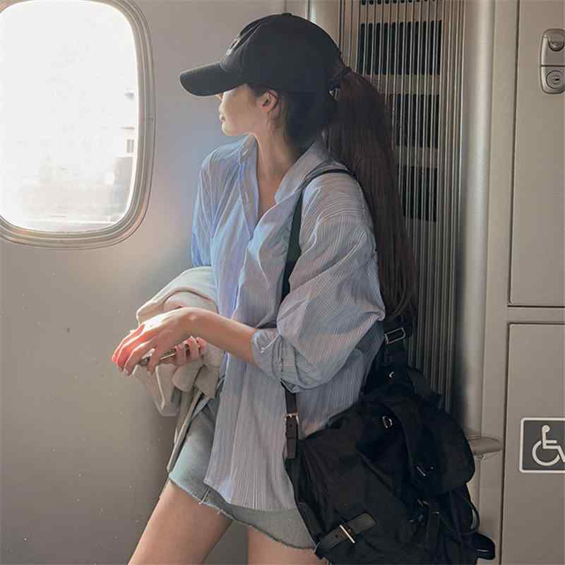 シャツ レディース 春夏 ストライプ柄 コットン 長袖 ブラウス ゆるかわ カジュアル ドロップショルダ..