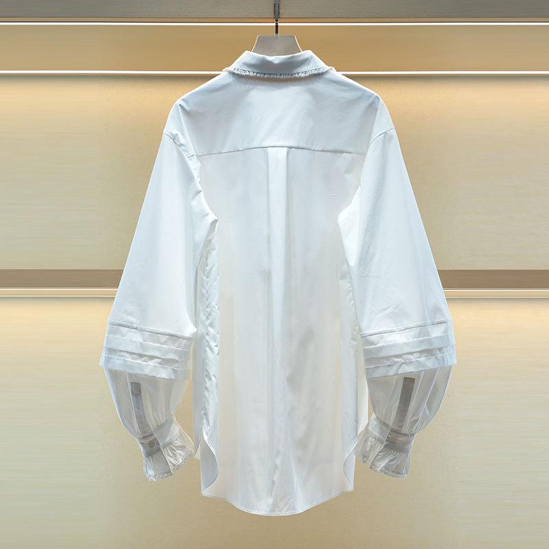 ・柄: 纯色・款式: 开衫・袖丈: 长袖・版型: 宽松型・衣长: 普通款(50cm<衣长≤65cm)・领型: 娃娃领・袖型: 灯笼袖・流行元素: 蝴蝶结・颜色: 白色・尺码: S, M, L, XL・风格类型: 文艺复古・门襟: 单排扣・风格: 宫廷风・产品类别: 衬衫