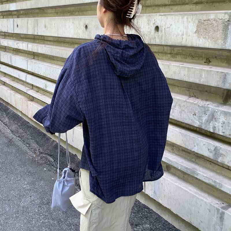 シャツ レディース 韓国風 ゆったり 格子柄 ドロップショルダー 長袖 チュニック 普段使い リラックス 藏青 紺 ポリエステル