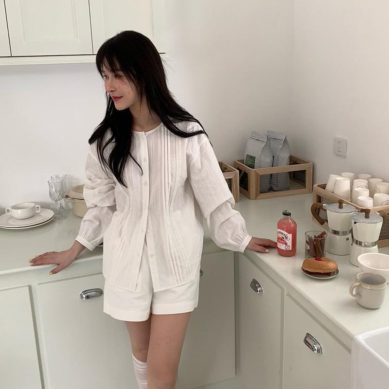 シャツ レディース 韓国風 ゆったり 長袖 コットン トップス 春秋 白色 ラウンドネック ギャザー 切り替え