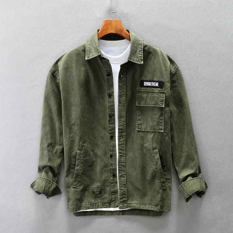 シャツ メンズ 男性用 長袖 コットン 無地 ドロップショルダー ルーズフィット ポケット ワークジャケ..