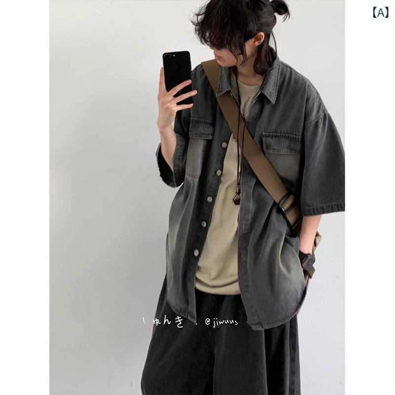 シャツ 男女兼用 半袖 ウォッシュ加工 デニム ルーズ レトロ ワーク ブラック M L XL 2XL 3XL