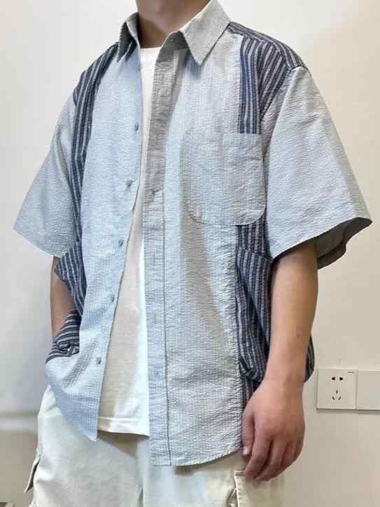 シャツ メンズ 半袖 開襟シャツ 配色 切り替え ルーズ カジュアル トップス アウター 接触冷感 吸湿速乾