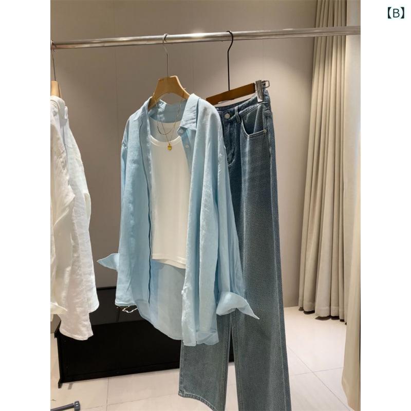 シャツ レディース フレンチリネン 白 麻 綿混紡 長袖 POLO襟 ドロップショルダー ...