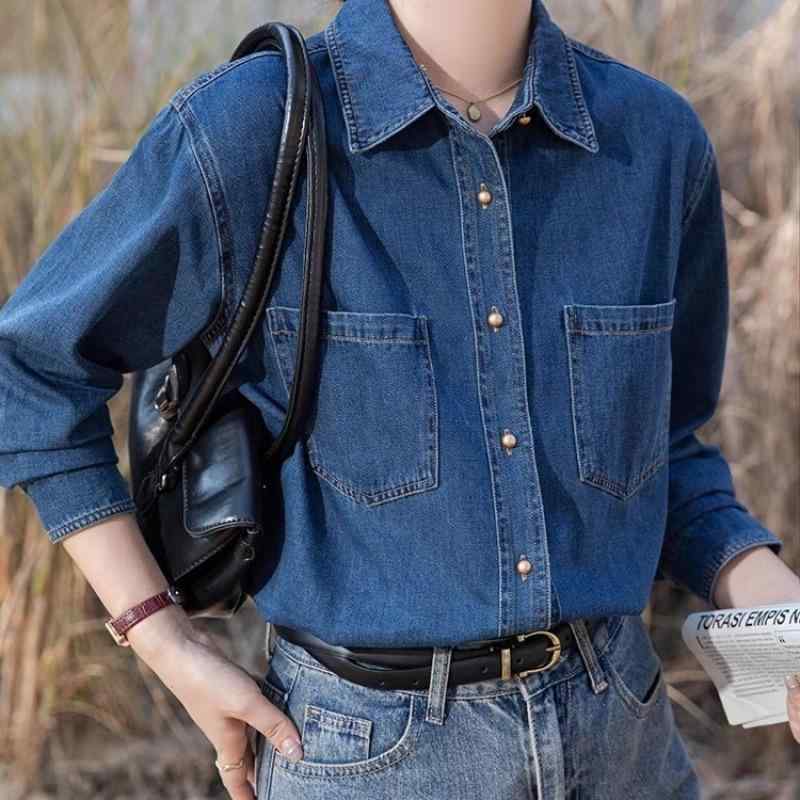 デニムシャツ レディース 秋冬 ミドル丈 レトロ カジュアル トップス 裏起毛 コットン ルーズフィット ..