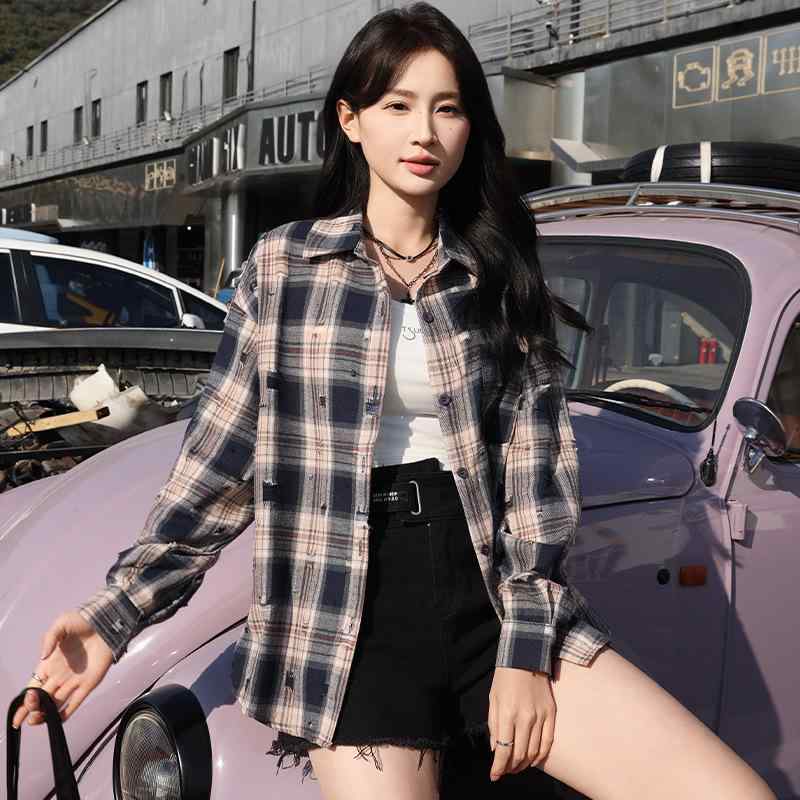 シャツ レディース 格子柄 ダメージ加工 レトロ 長袖 チュニック丈 トップス ポリエステル 古着風 春秋..