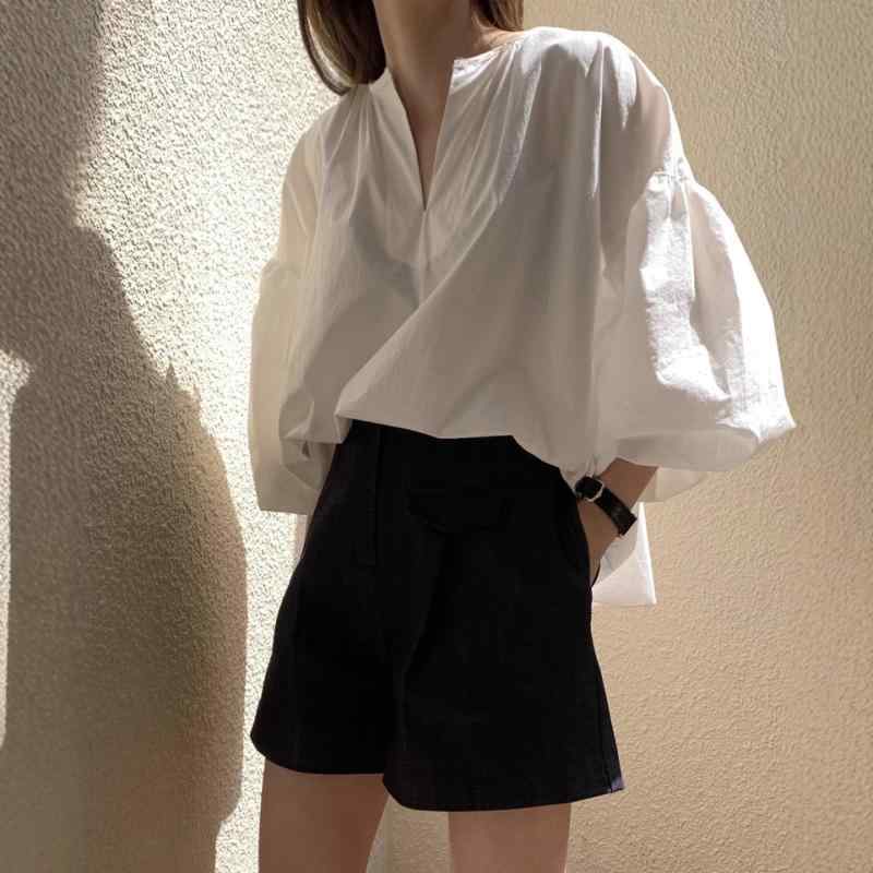 シャツ レディース 韓国風 ストライプ柄 切り替えデザイン Vネック ドロップショルダー ゆったり 長袖 日常着 リラックス カジュアル ホワイト ブルー S M L XL XXL