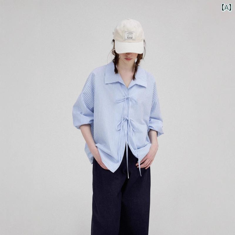 シャツ レディース 亜麻 リネン 綿 トップス ブラウス ブルー系 ホワイト ストライ...