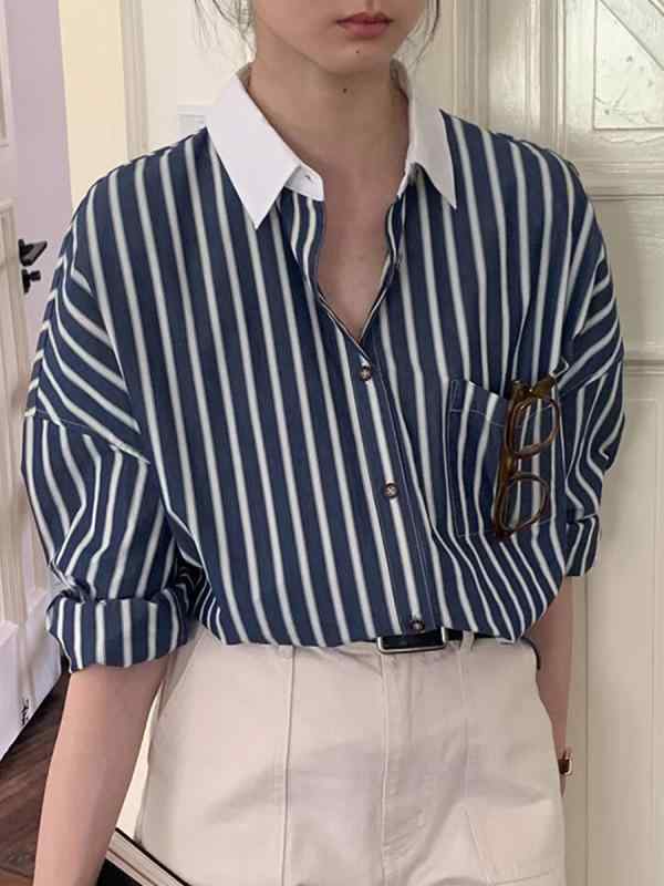 シャツ レディース ストライプ 切り替え デニムカラー 桜色 綿 混紡 長袖 襟付き トップス ブラウス ドッキングデザイン ゆったり 日韓スタイル カジュアル