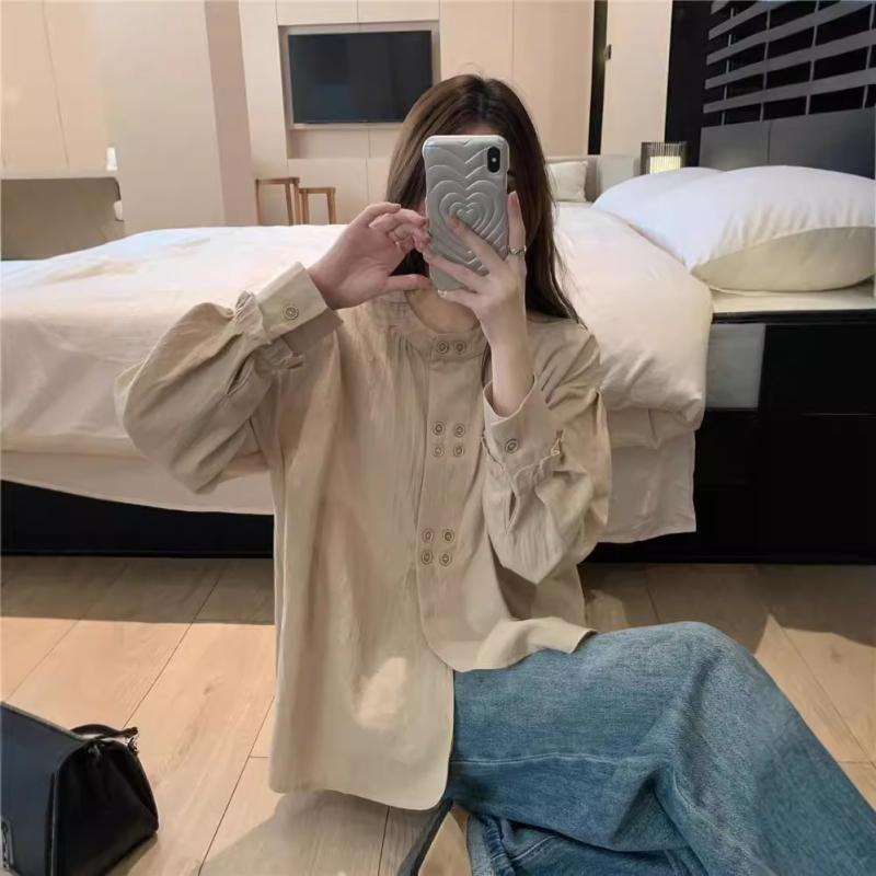 シャツ レディース ブラウス トップス 長袖 綿 無地 ゆったり ラウンドネック ドロップショルダー ミル..