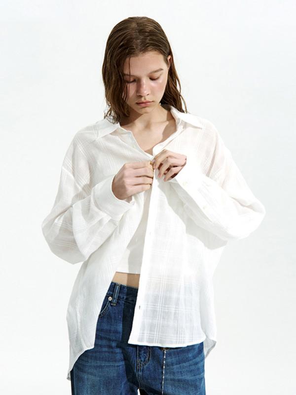 シャツ レディース 格子柄 コットン 翻领 長袖 トップス ゆったり 体型カバー カジュアル オフホワイト ネイビーブルー ライトブルー