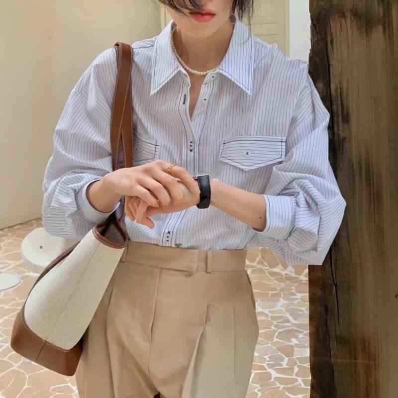 シャツ レディース 秋冬 ストライプ コットン 長袖 POLO襟 チュニック丈 ゆったり ドロップショルダー カジュアル 韓国ファッション 普段使い