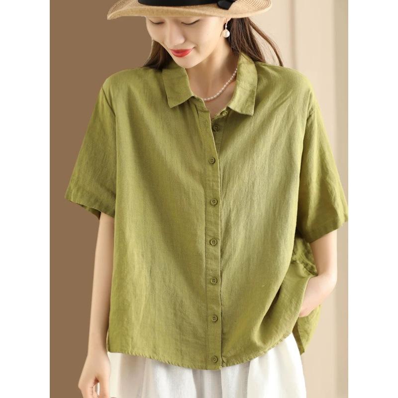 シャツ レディース 亜麻 リネン ブラウス トップス 半袖 無地 襟付き 文芸風 ゆったり 黒 ブラック コ..