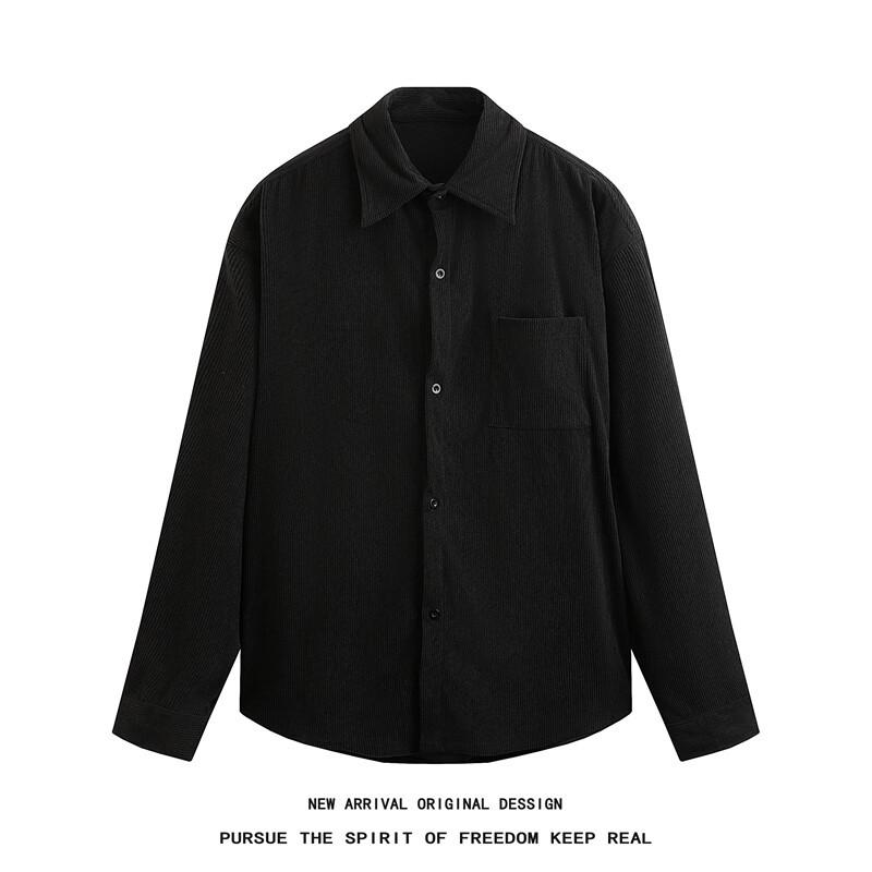 シャツ 男性用 コーデュロイ 長袖 トップス ルーズ 無地 普段使い 春秋 深灰色 ブラック 杏色